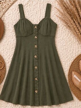 Ribbed Olive Button-Front Mini Dress